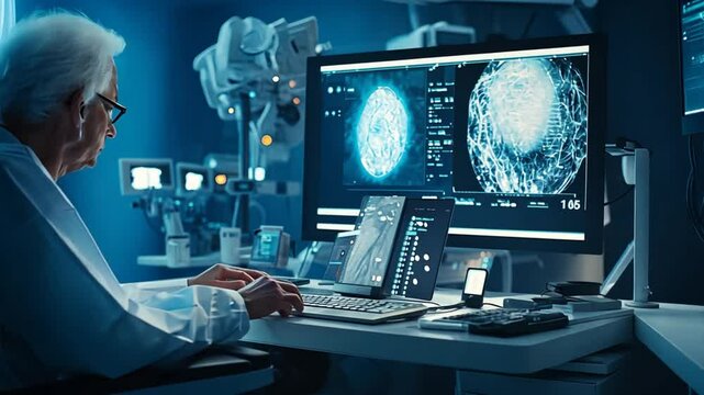 Elderly Scientist Analyzing Brain Scans in a Futuristic Medical Lab, Capturing the Cutting-Edge World of Healthcare Technology, Diagnostics, and Advanced Neuroscience.