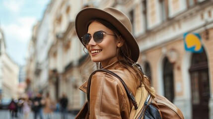 Fototapeta premium Fashion. Young stylish woman walking on the city street looking back camera smiling playful