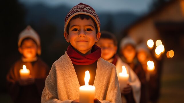 Candlelit procession walking through a village at dusk, with children dressed as Mary and Joseph, celebrating the tradition of Las Posadas 