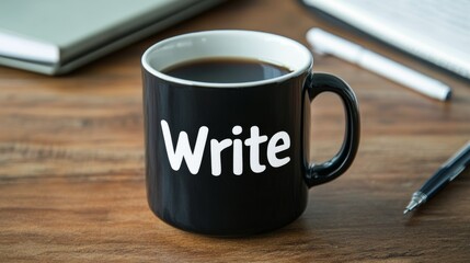 Coffee mug with Write printed on it, surrounded by notebooks and pens, creating a focused atmosphere for National Novel Writing Month 