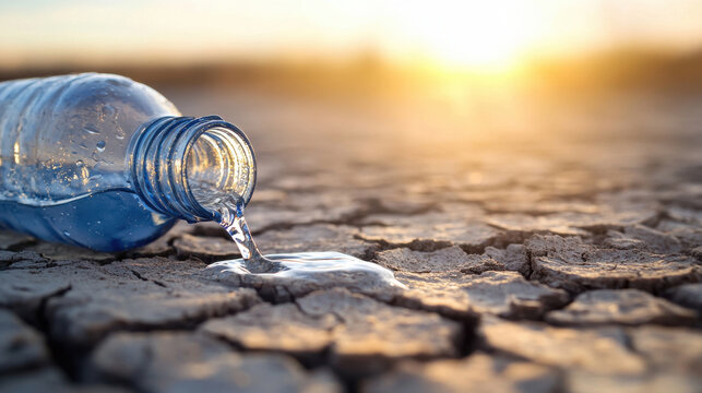 water from glass bottle on a desert dry heat and drought