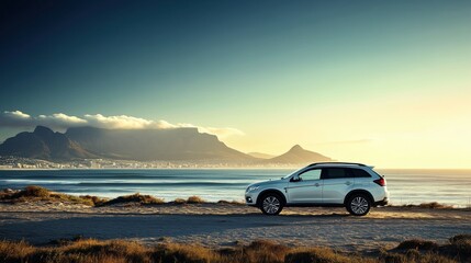 Fototapeta premium Explore breathtaking coastal landscapes with our stylish SUV, offering unmatched comfort and performance for your ultimate adventure journey.