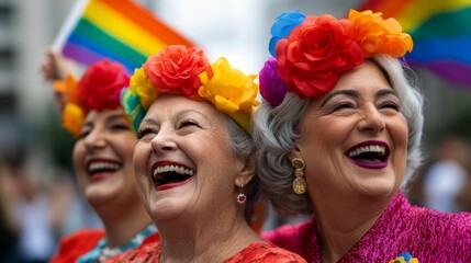 Obraz premium Elder LGBTQ+ friends laughing together at a pride parade, wearing rainbow hats and waving flags, embodying joy and visibility 