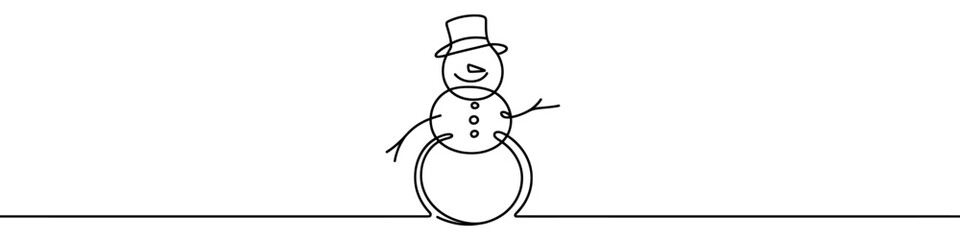 Continuous line art drawing a smiling snowman on snowy hills for a winter holiday design