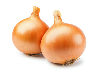 Fototapeta premium Fresh onions are displayed on white background, showcasing their smooth, shiny skin and round shape. These vegetables are essential in many dishes, adding flavor and depth