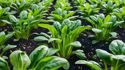 Obraz premium Spinach plants growing in an organic garden, with rich green leaves standing out against dark soil.