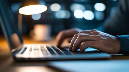 Keyboard lit by a desk lamp late at night, pages of a manuscript nearby, emphasizing the solitude of writing during National Novel Writing Month 