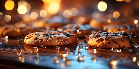 A close-up of a chocolate chip cookie with droplets of water glistening on top, illuminated by warm, soft lighting, creating a captivating visual symphony of textures and light