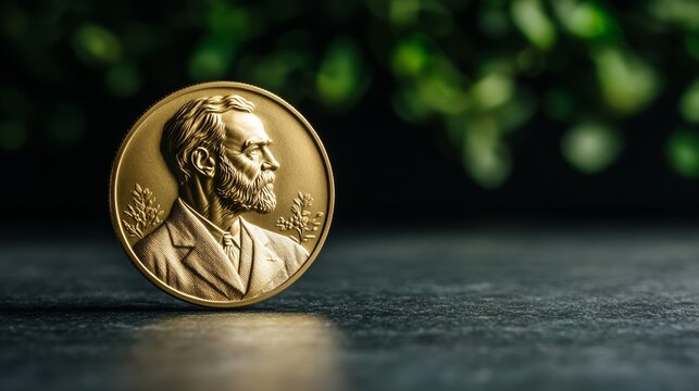 Portrait of Alfred Nobel on a gold medallion, shining under a spotlight, honoring the legacy on Nobel Prize Day 