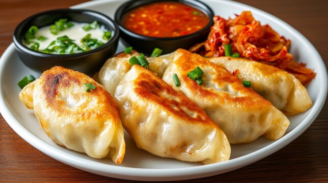 Plateful of Korean mandu dumplings, crispy and golden, served with a side of kimchi and dipping sauces for a delicious fusion meal 