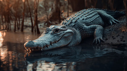 Obraz premium Crocodile, Large reptile with tough skin and jaws blending with the muddy riverbank