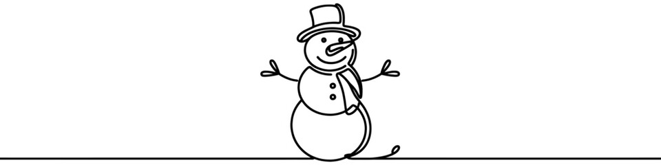 Continuous line art drawing a smiling snowman on snowy hills for a winter holiday design