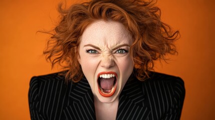  A woman with red hair and an unnerving expression, her mouth agape