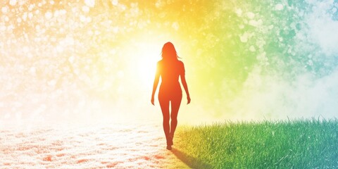 Silhouette of a woman walking into a vibrant light with a backdrop of snow and grass blending in the changing seasons
