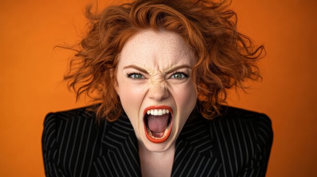  A woman with red hair and an unnerving expression, her mouth agape