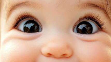 Naklejka premium A tight shot of a baby's face, toothbrush in mouth, blues eyes shining