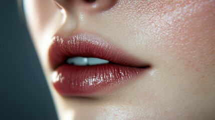 Naklejka premium A tight shot of a woman's face Her red lips contrast against the soft application of light blue eye shadow