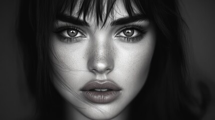 Fototapeta premium A black-and-white image of a woman's face with freckled complexion and dark hair