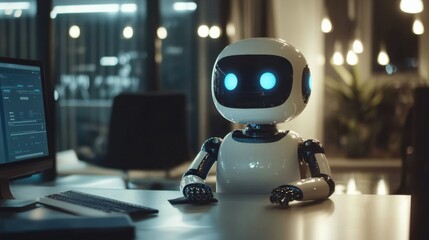 Fototapeta premium A robot assistant working at a modern office during the evening