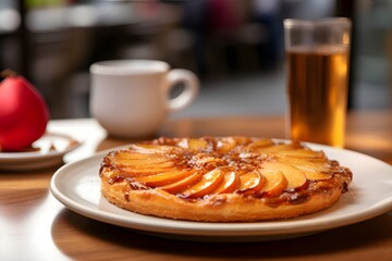 Close-up of a caramelized Tarte Tatin on a white plate, set on a rustic table with red apples, apple juice, and cinnamon. A modern French bakery in the background adds cozy ambiance
