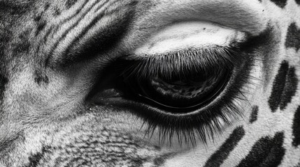 Obraz premium Extreme close-up of giraffe eye, intense gaze at the camera, intricate details in fur and lashes.