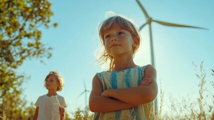 Fototapeta premium Children enjoying a sunny day near wind turbines in a green field