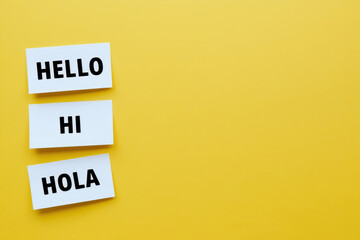 "World hello day". Stickers with text "Hi", "Hola", "Hello" on yellow background. November 21. AI generated