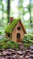 A charming wooden house with a mossy roof nestled in an enchanted forest bathed in dappled sunlight