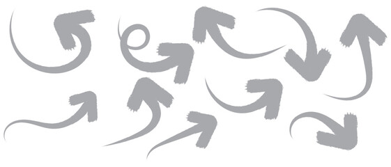 Brush, marker drawn bold arrows set. Collection of hand drawn doodle thick arrows in different directions.