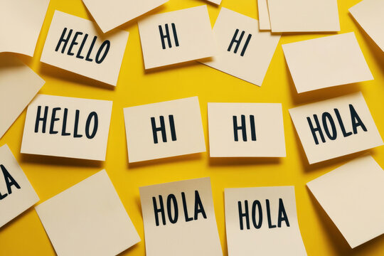 "World hello day". Stickers with text "Hi", "Hola", "Hello" on yellow background. November 21. AI generated