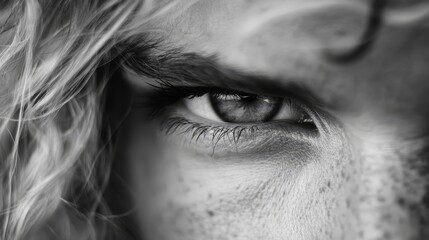 Fototapeta premium A monochrome image of a man's visage featuring long, wavy locks atop his head