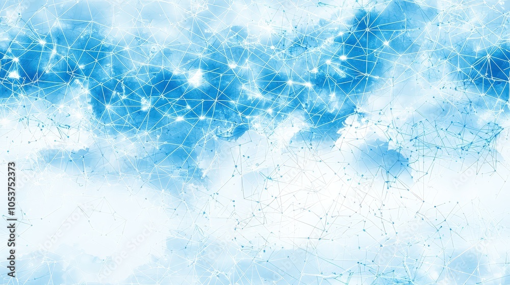 Poster world map with interconnecting lines and nodes on a light blue background, creating a seamless patte