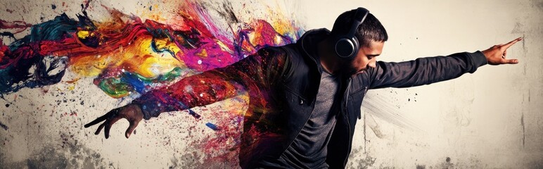 A young man in a black jacket and headphones stands in front of a wall with colorful paint splatter behind him.