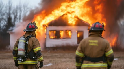 Naklejka premium Heroic firefighters in full protective gear courageously battle a raging blaze consuming a residential house