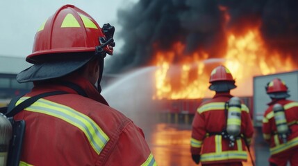 Fototapeta premium A team of professional firefighters battling a raging warehouse fire with thick black smoke billowing into the air as they work to extinguish the intense flames and contain the dangerous