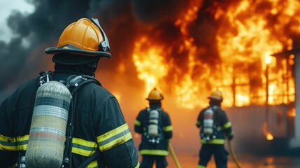 Fototapeta premium Heroic team of professional firefighters in protective gear battling a raging warehouse fire with intense billowing smoke and bright orange flames engulfing the structure