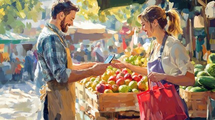 Obraz premium Local farmers market delight: Fresh produce shopping made personal. Discover organic fruits and vegetables at vibrant outdoor stalls. Shop local!