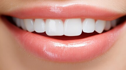 Obraz premium A tight shot of white teeth and gleaming gums in an upper woman's mouth