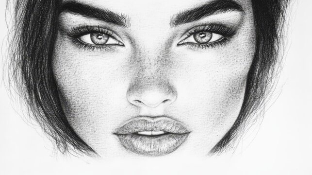  A pencil drawing of a woman's face with her eyes wide open and bobbed hair