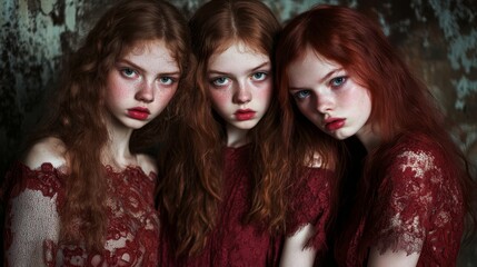 Naklejka premium Three young women, each with red hair and blue eyes, pose before a grunge-textured wall