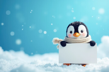 Fototapeta premium A cheerful cute penguin holding a large blank white sign standing at the right corner with a snowy cyan solid bright background. copyspace.