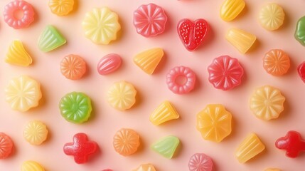 A collection of cute, miniature fruit jellies in soft, vibrant colors scattered on a pastel background, offering a fun and sweet vibe.8e85b0a002d3