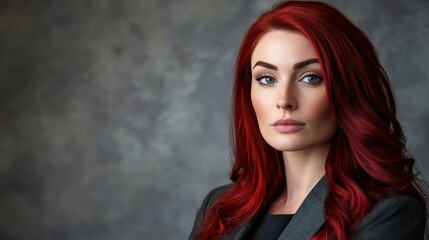 Fototapeta premium A woman with long red hair and blue eyes poses against a gray backdrop, wearing a black blazer