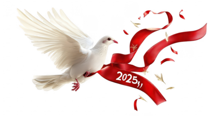 Delicate Dove Carrying Ribbon with "2025," Symbol of Peace and New Beginnings, PNG File, Transparent Background