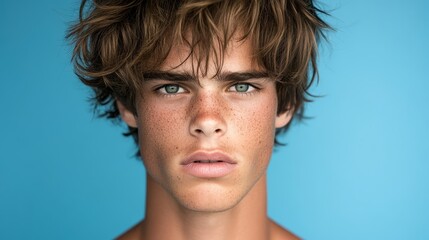 Fototapeta premium A tight shot of a young man's face, adorned with freckles around the eyes and on the skin