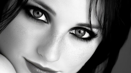 Fototapeta premium A monochrome image of a woman's face with long black hair and black-and-white makeup