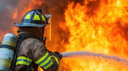 Naklejka premium Heroic firefighter in uniform and protective gear dousing intense flames with high pressure water hose to prevent a school fire from spreading further and causing more damage