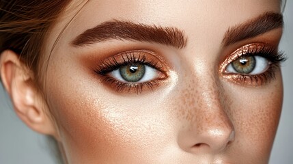 Fototapeta premium A tight shot of a woman's freckled face with accentuated makeup and freckled eyelashes