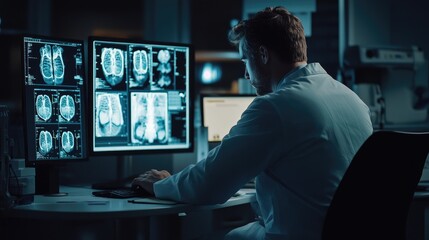 Naklejka premium Healthcare worker using computer, modern medical technology, digital health solutions, rear angle