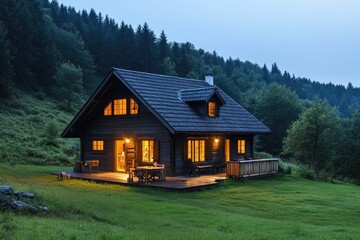 Fototapeta premium Cozy wooden cabin glowing in the forest at twilight